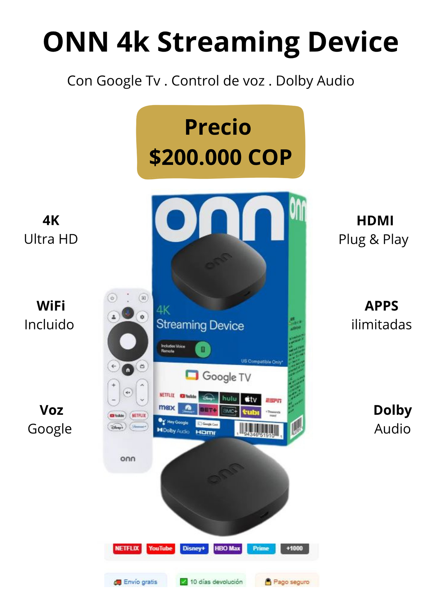 ONN 4K Streaming Device con Google TV - Control de Voz, Netflix, YouTube, Disney+