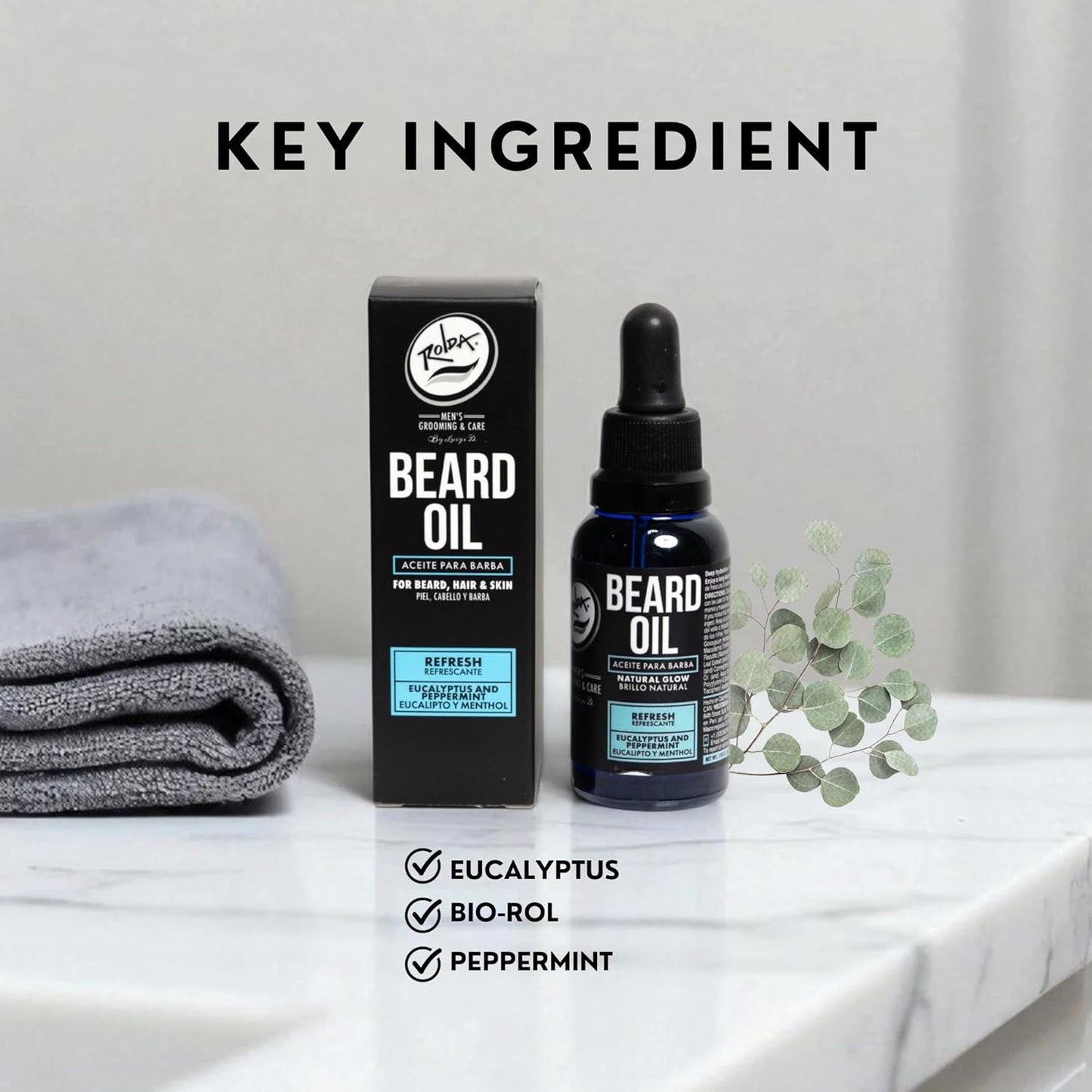 Rolda Aceite para Barba — Eucalipto y Mentol 30ml, Hidratación Profunda, Sensación Refrescante, Apto Pieles Sensibles