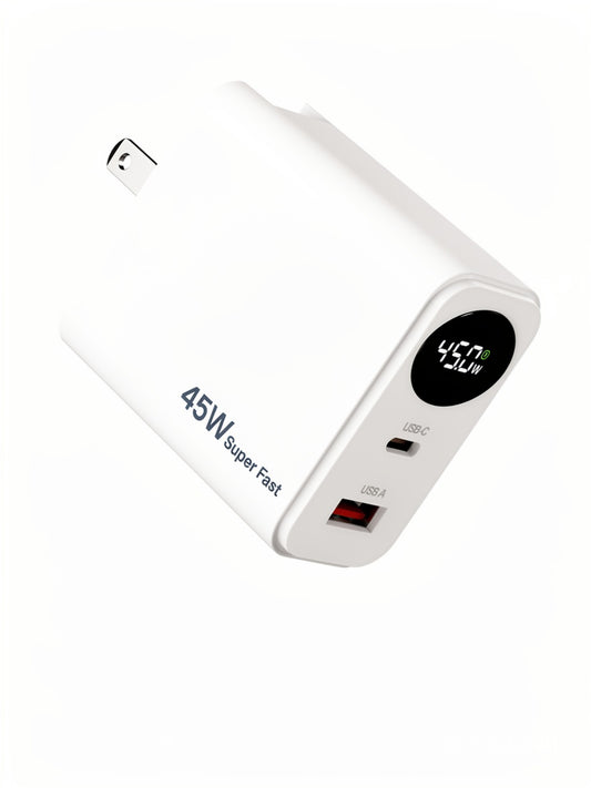 Cargador PZX P76 45W — Carga Rápida Multimarca, Pantalla Digital LED, Puerto USB y Tipo-C, Enchufe Retráctil