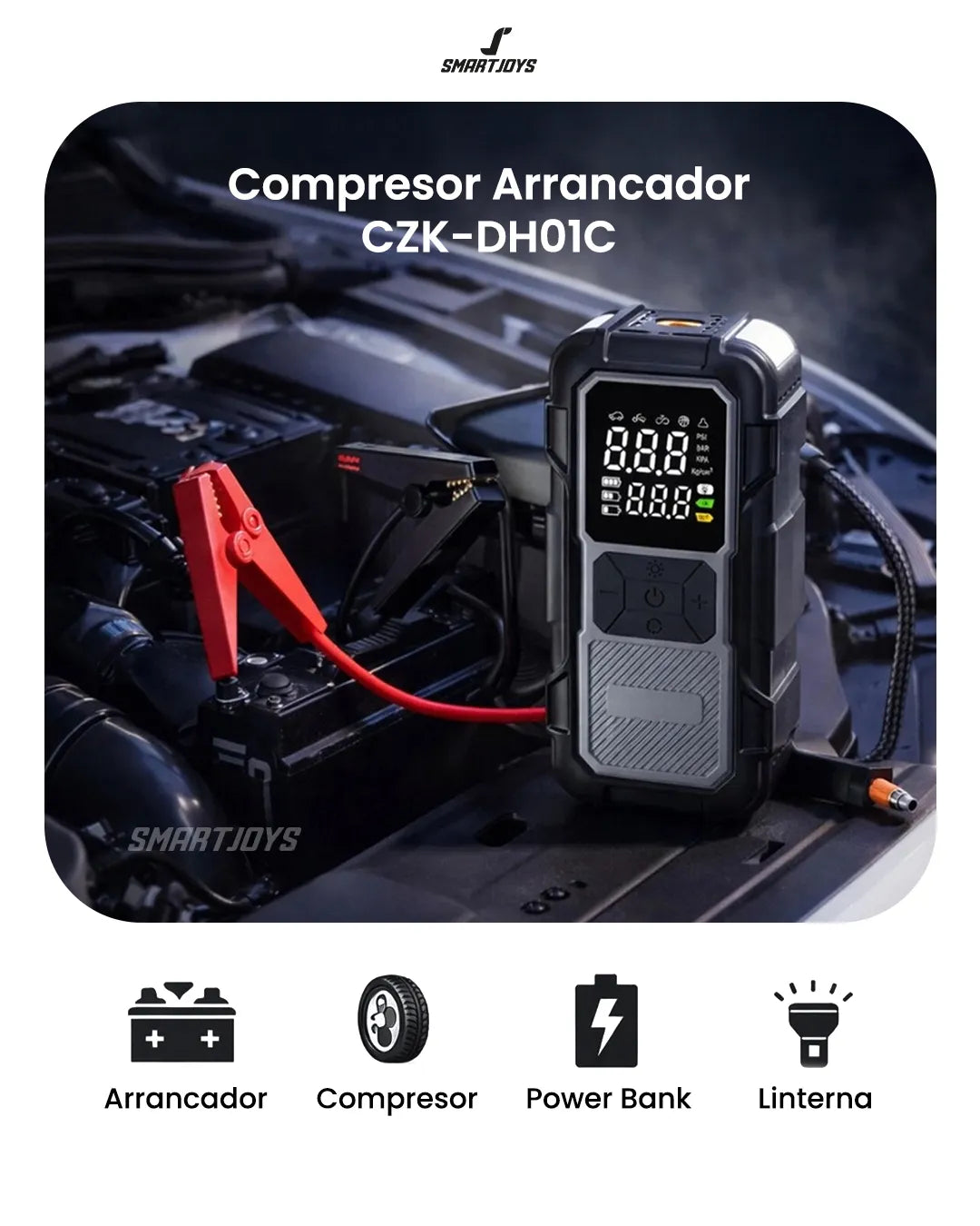 Arrancador de Batería 12V con Compresor de Aire y Power Bank CZK-DH01C — 800A, Inflador 25L/min, Linterna LED SOS