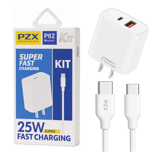 Cargador PZX P62 C-C 25W — Carga Rápida QC 5.0, Puerto USB-C, Cable Tipo C-C Incluido