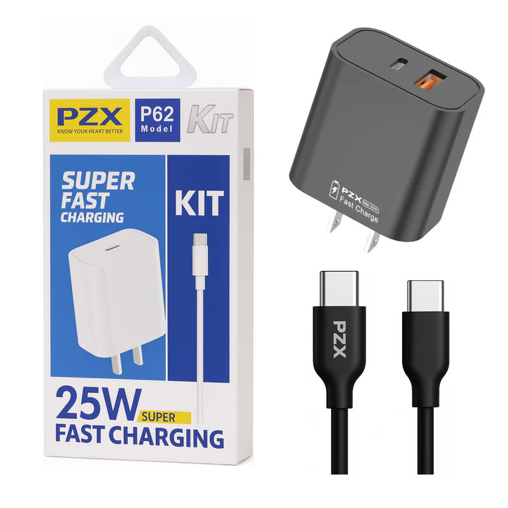 Cargador PZX P62 C-C 25W — Carga Rápida QC 5.0, Puerto USB-C, Cable Tipo C-C Incluido
