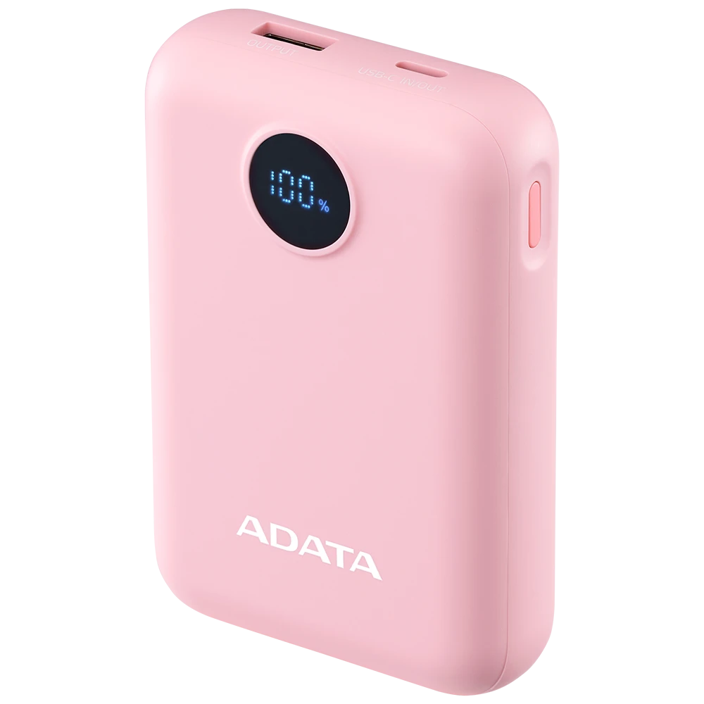 Power Bank ADATA C100 Rosa — 10.000mAh, Carga Rápida 20W, Pantalla Digital, USB-C