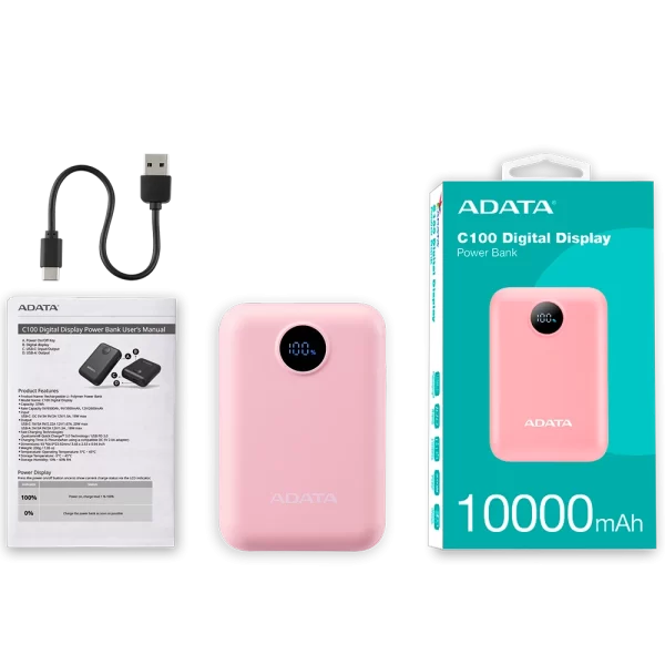 Power Bank ADATA C100 Rosa — 10.000mAh, Carga Rápida 20W, Pantalla Digital, USB-C