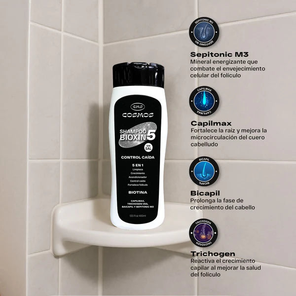 Shampoo Anticaída Masculino CMS Cosmos Bioxin 5 — 400ml, Trichogen, Baicapil, Sin Sales ni Minoxidil